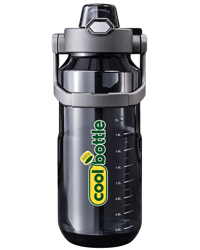 Coolbottle 2L Large Capacity Sports Water Bottle – Reusable Gym Hydration Jug with Carry Handle, Measurement Markings & Secure Lid
