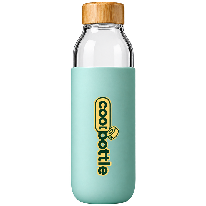 Coolbottle Aqua Glass Water Bottle – Reusable Clear Bottle with Protective Silicone Sleeve & Wood-Style Screw Cap
