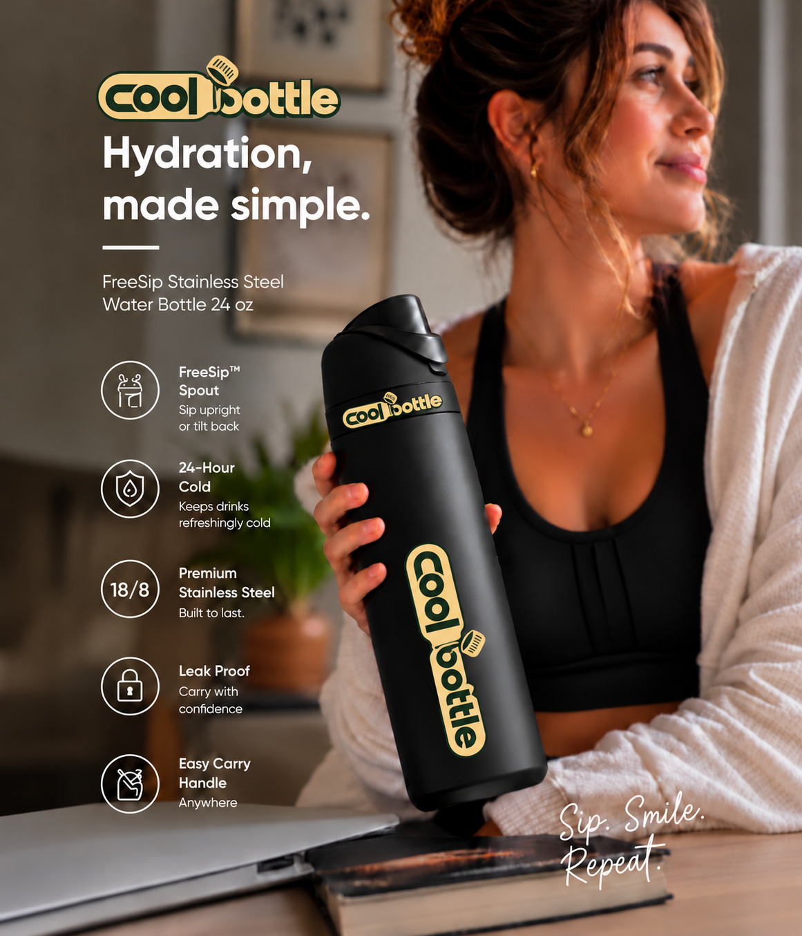 Woman holding black coolbottle insulated water bottle