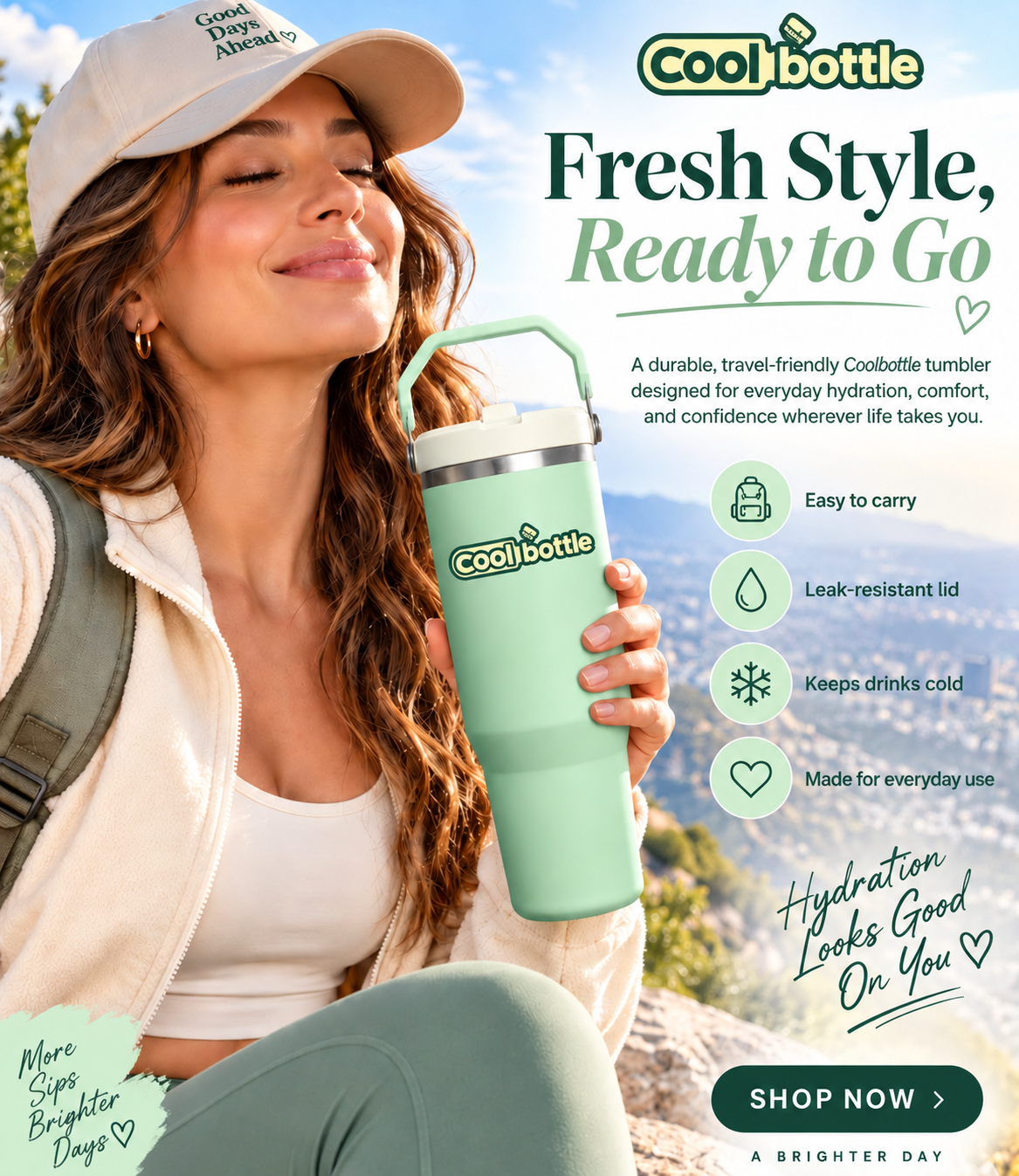 Woman holding mint green coolbottle tumbler outdoors