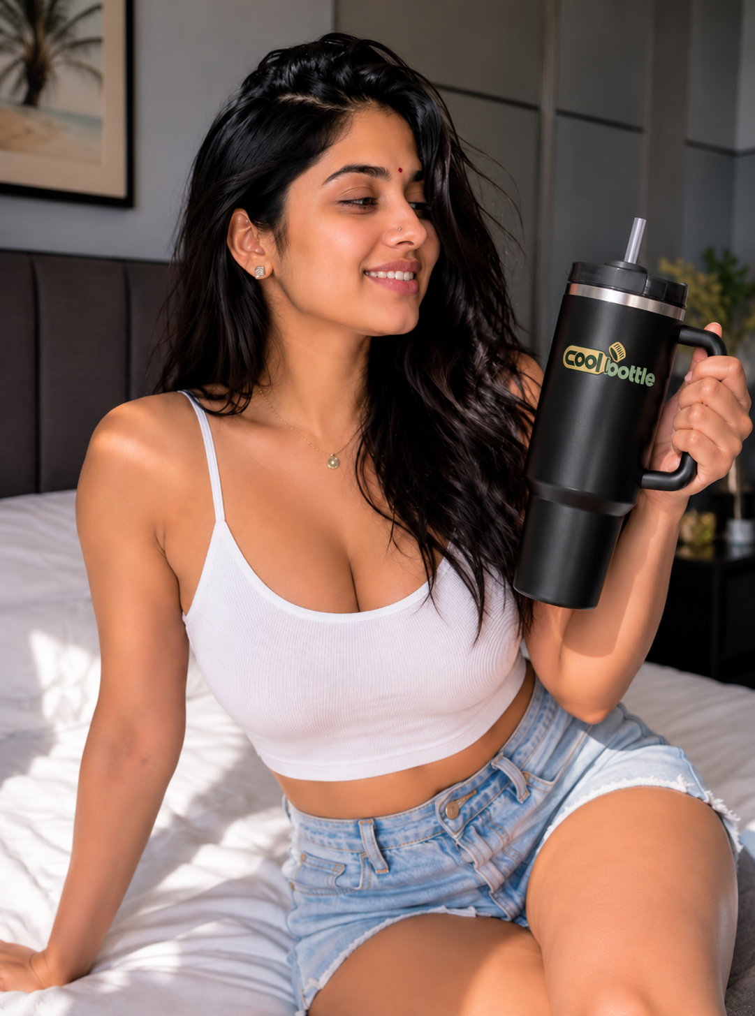 Woman holding black coolbottle tumbler